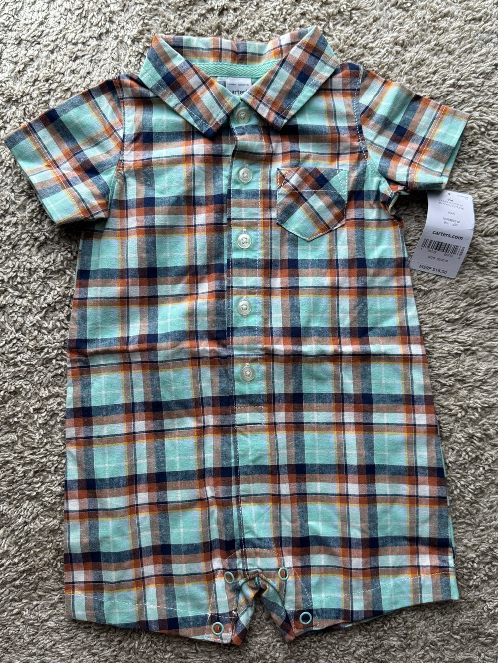 Carter’s Plaid Button Front Short Sleeve Romper Baby 9 Months NWT